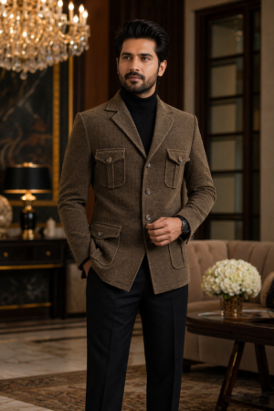 Men’s Olive Green Safari Style Designer Blazer with Utility Pockets