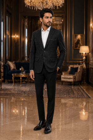 Men’s Premium Velvet Double-Breasted Wedding Blazer – Dark Charcoal