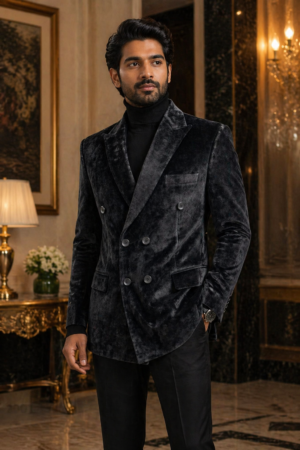 Men’s Luxury Black Velvet Double-Breasted Blazer