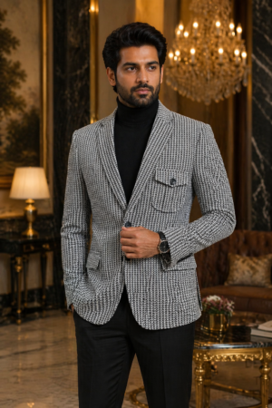 Black & White Patterned Slim Fit Blazer