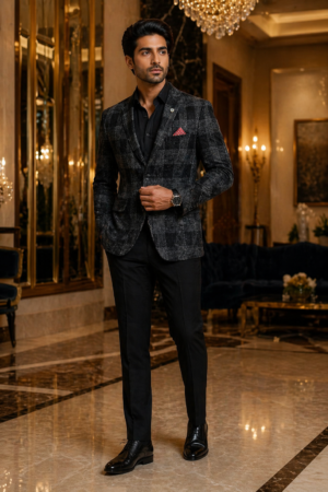 Men’s Premium Charcoal Check Blazer – Wedding & Party Wear.
