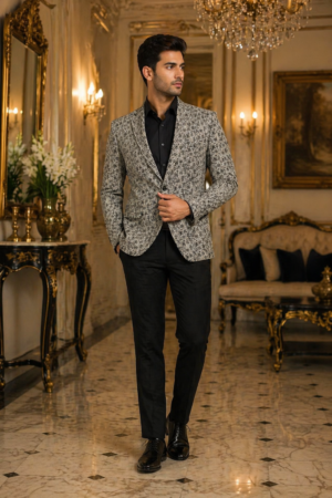 Stylish Black & White Textured Blazer for Men – Designer Party & Wedding Wear