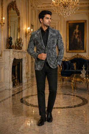 Men’s Charcoal Grey Checkered Blazer – Slim Fit Formal & Wedding Jacket