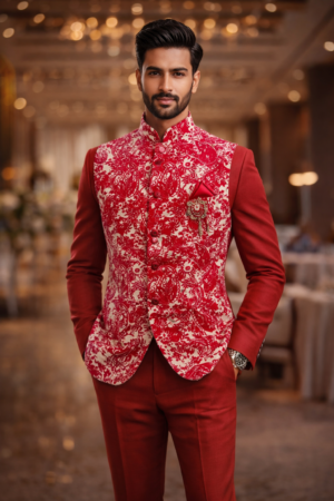 Men’s Red Designer Nehru Jacket Set with Floral Print – Wedding & Party Wear