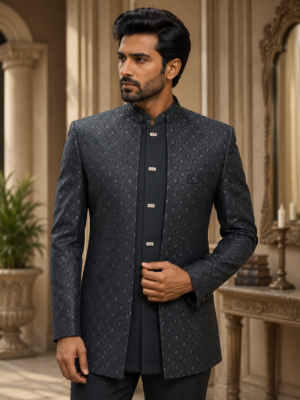 Black Jacquard Jodhpuri Suit for Men