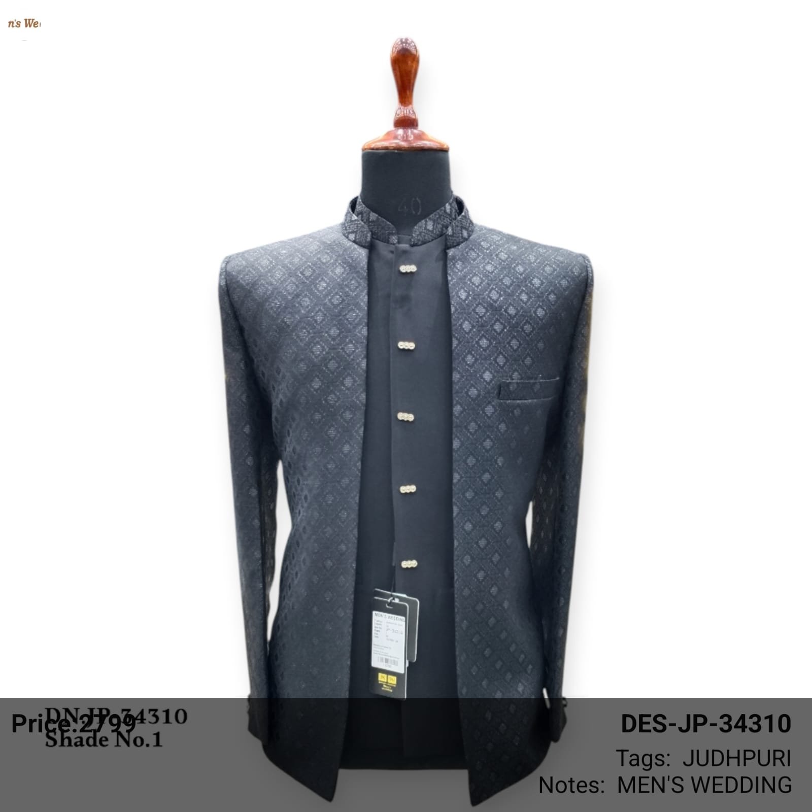 Black Jacquard Jodhpuri Suit for Men