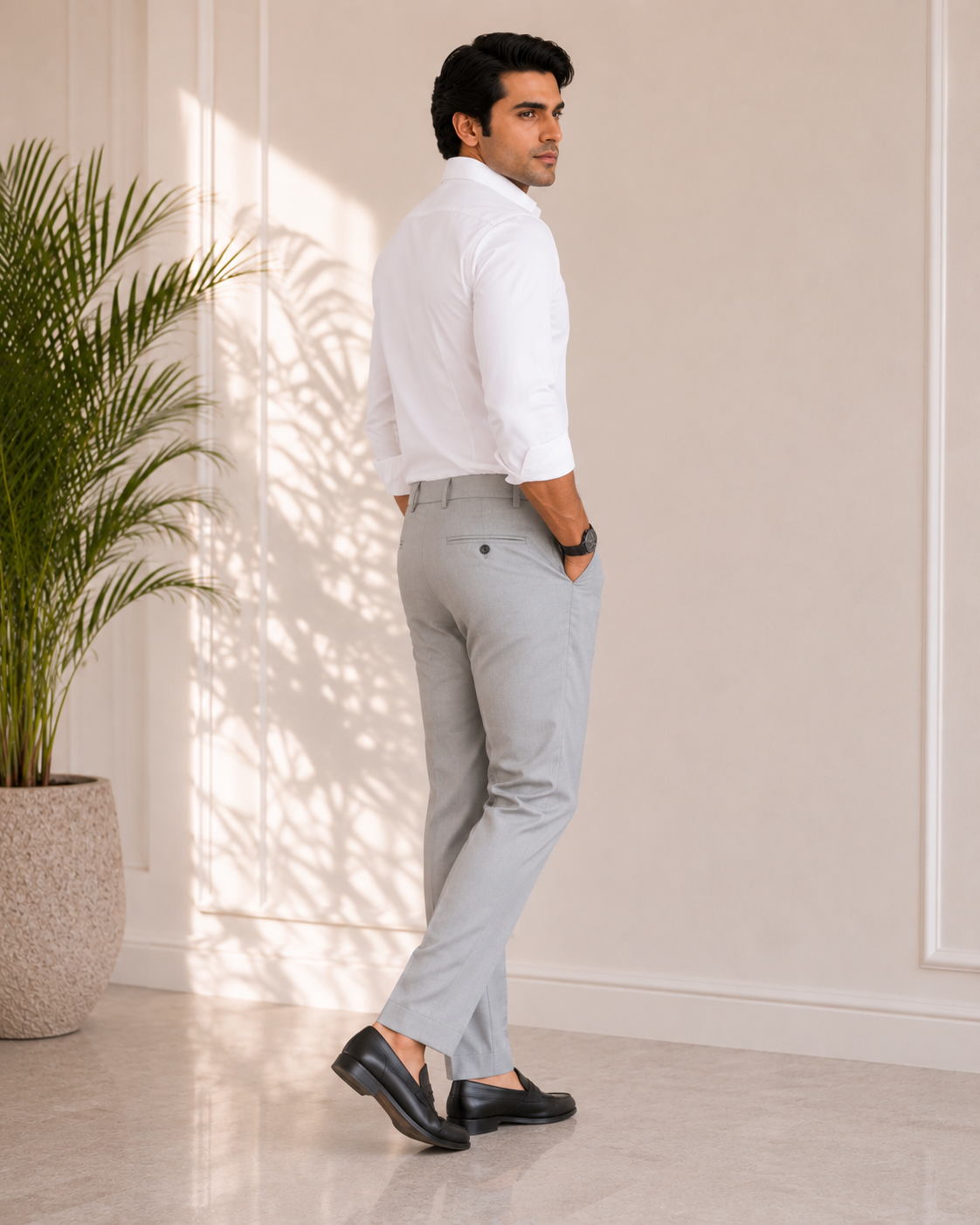Men’s Casual Light Grey Slim Fit Cotton Trouser