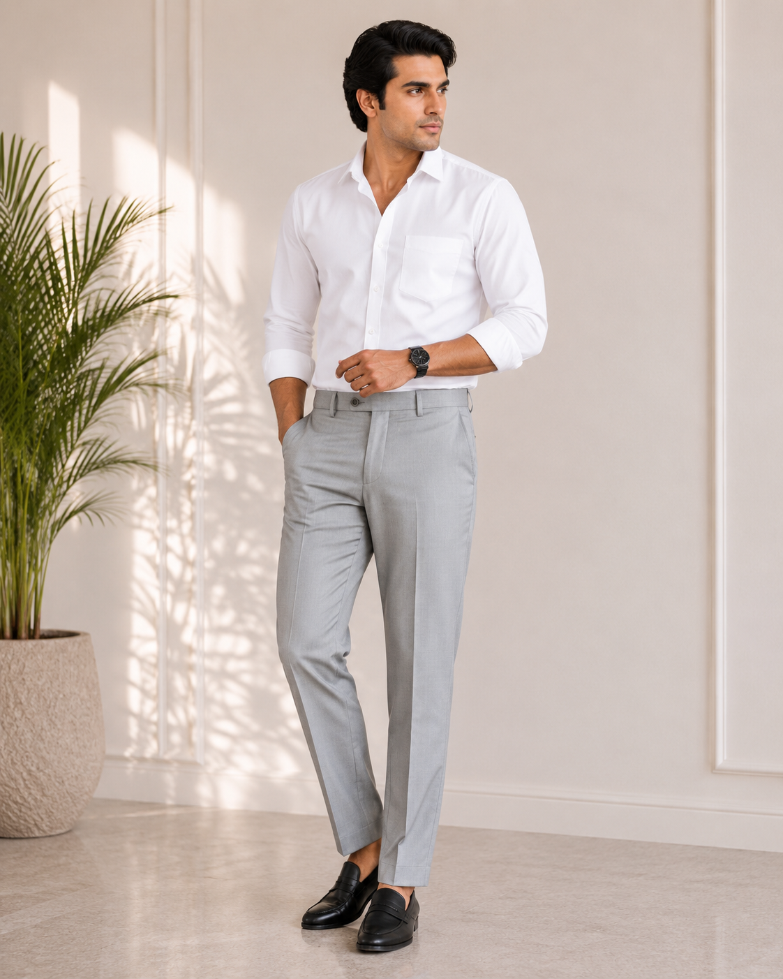 Men’s Casual Light Grey Slim Fit Cotton Trouser