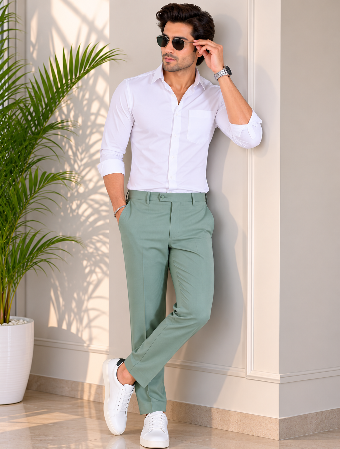 Men’s Casual Mint Green Slim Fit Cotton Trouser