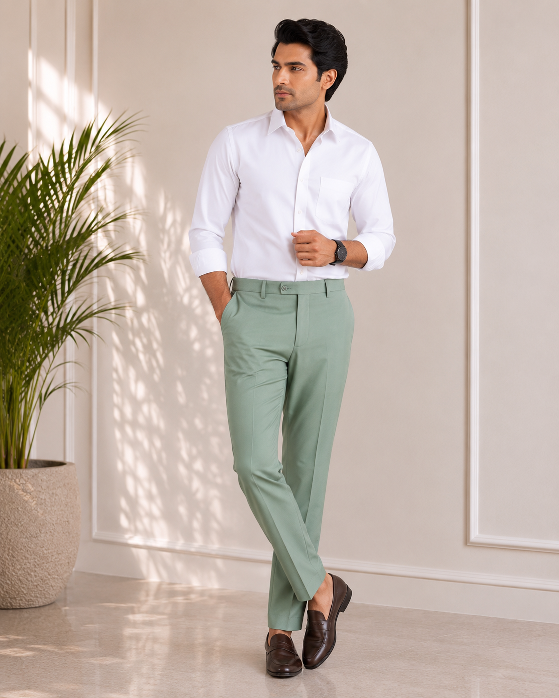 Men’s Casual Mint Green Slim Fit Cotton Trouser
