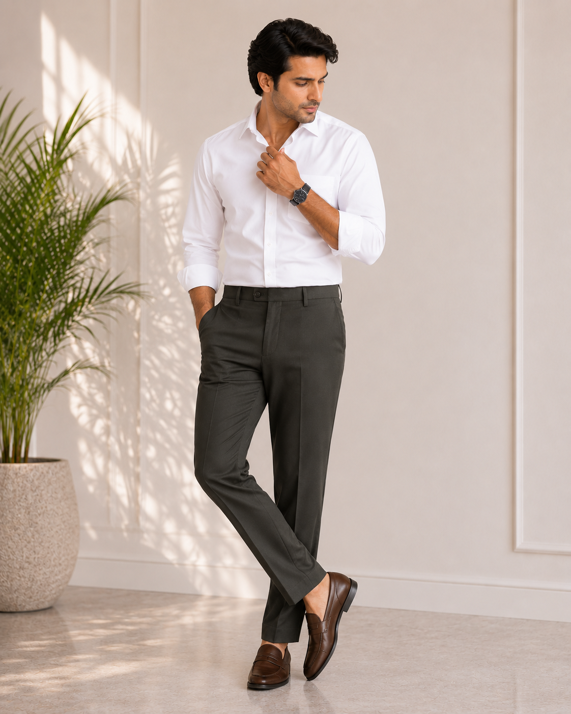 Men’s Casual Olive Grey Slim Fit Cotton Trouser (2)