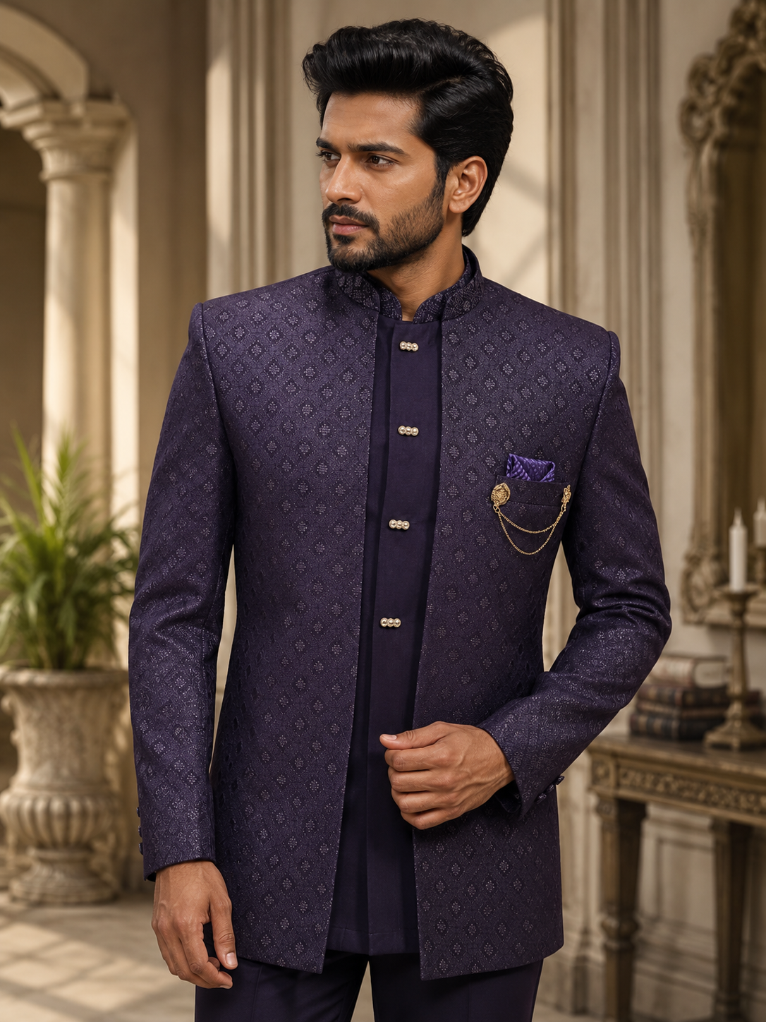 Purple Jacquard Jodhpuri Suit for Men