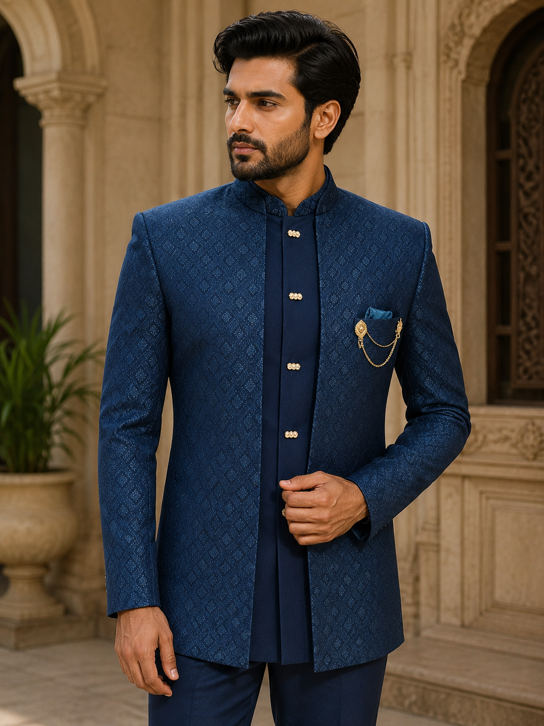 Royal Blue Jacquard Jodhpuri Suit for Men