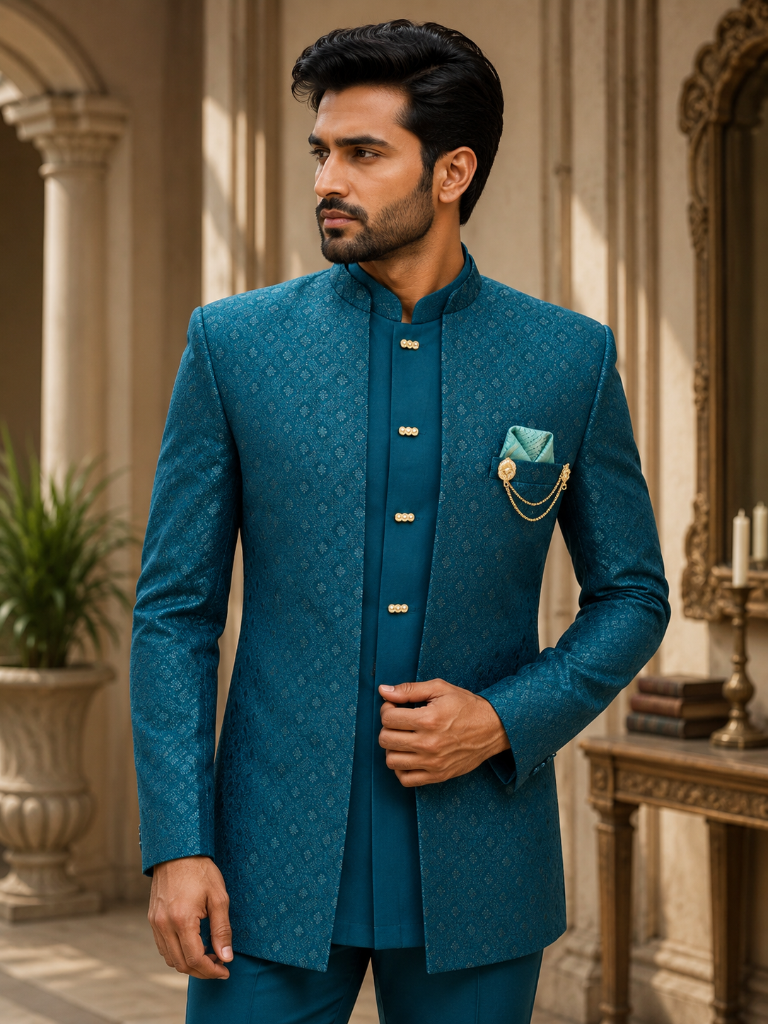Teal Blue Jacquard Jodhpuri Suit for Men